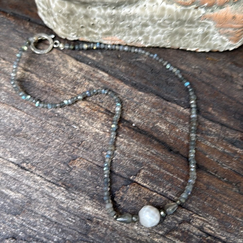 Handmade labradorite with faced pearl, necklace and a sterling silver clasp